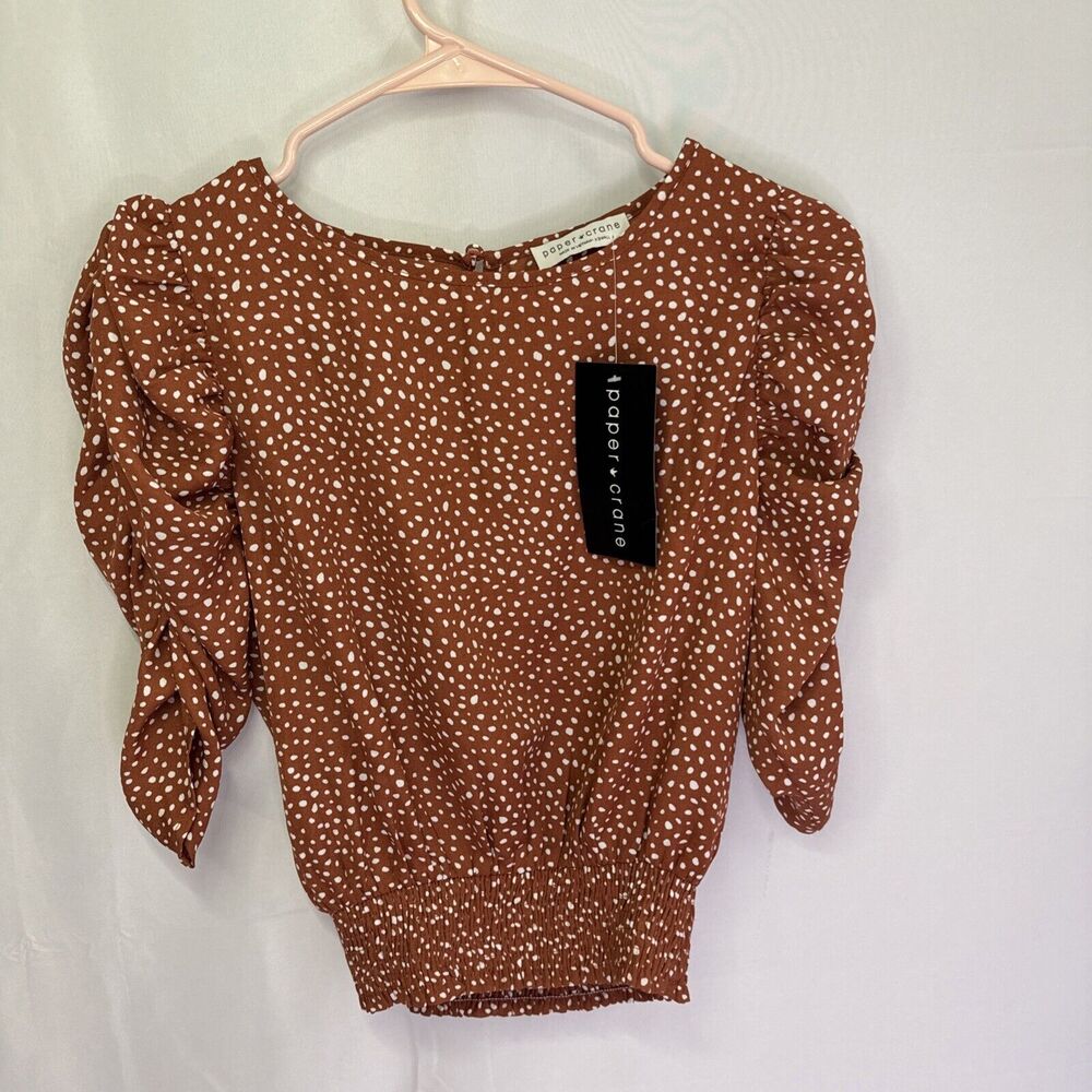 Paper Crane Women's Smocked Band 3/4 Ruched Puff Sleeve‎ Top Size XS NWT